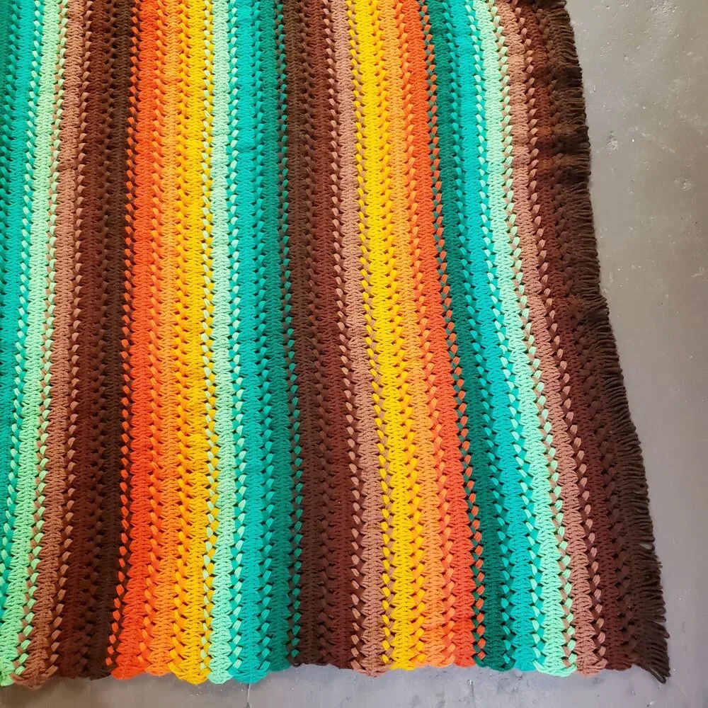 Vintage Afghan Crochet Throw Blanket Brown Green Orange Stripes Fringe MCM